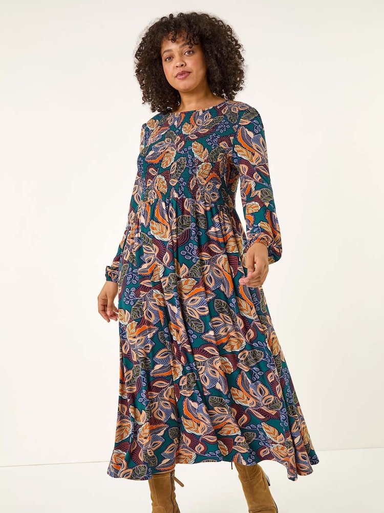 Roman Blue Curve Floral Print Shirred Midi Dress - Image 2 of 6 Roman Blue Curve Floral Print Shirred Midi Dress - Image 2 of 6