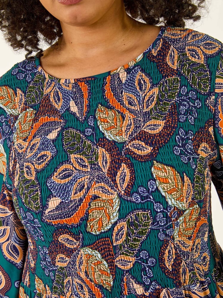 Roman Blue Curve Floral Print Shirred Midi Dress - Image 6 of 6 Roman Blue Curve Floral Print Shirred Midi Dress - Image 6 of 6