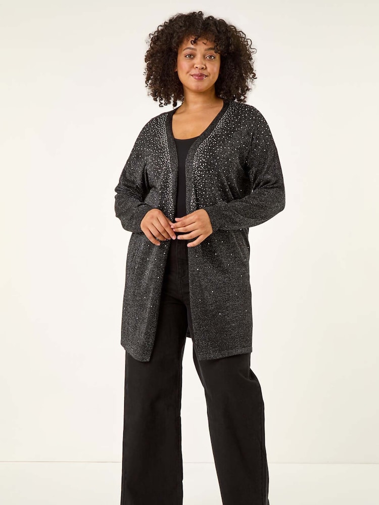 Roman Black Curve Hotfix Longline Knit Cardigan - Image 1 of 5