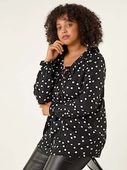 Roman Black Curve Polka Dot Ruffle Blouse - Image 1 of 5