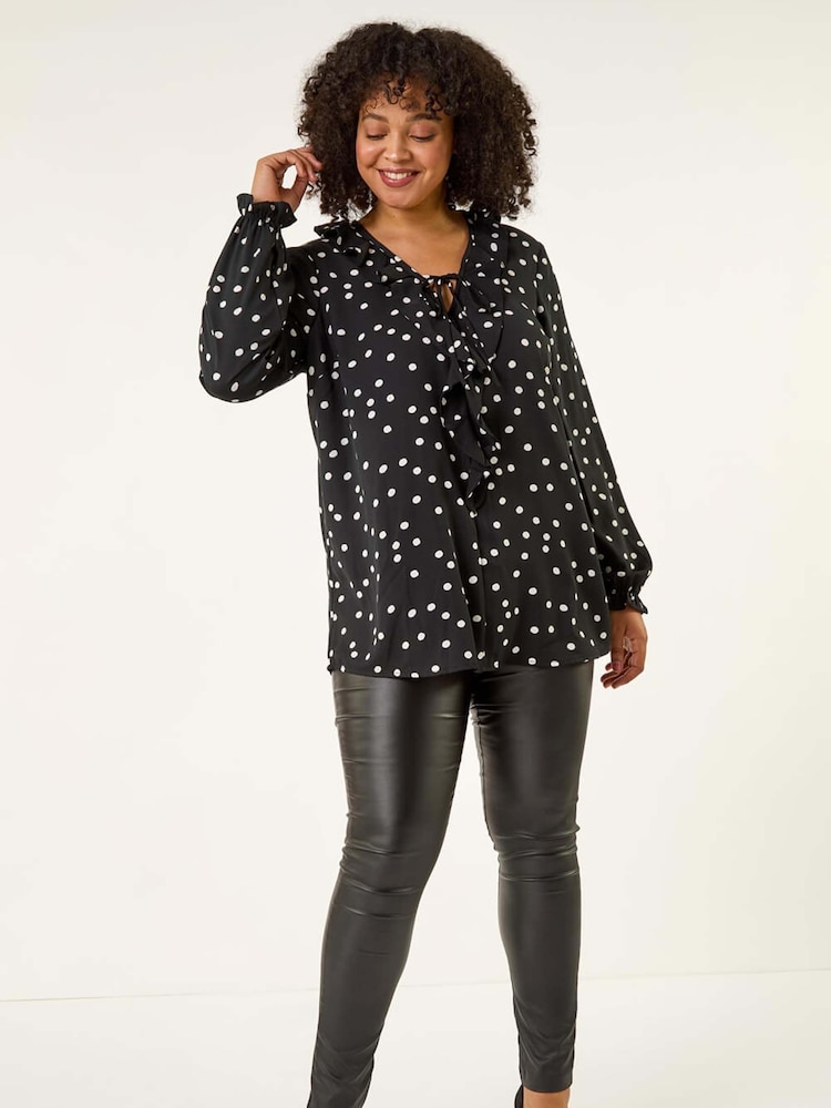 Roman Black Curve Polka Dot Ruffle Blouse - Image 2 of 5