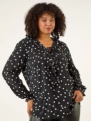 Roman Black Curve Polka Dot Ruffle Blouse - Image 4 of 5