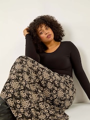 Roman Black Curve Floral Stretch Midi Skirt - Image 1 of 5