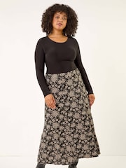Roman Black Curve Floral Stretch Midi Skirt - Image 2 of 5