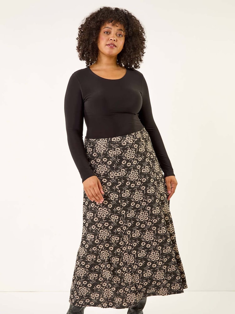 Roman Black Curve Floral Stretch Midi Skirt - Image 2 of 5