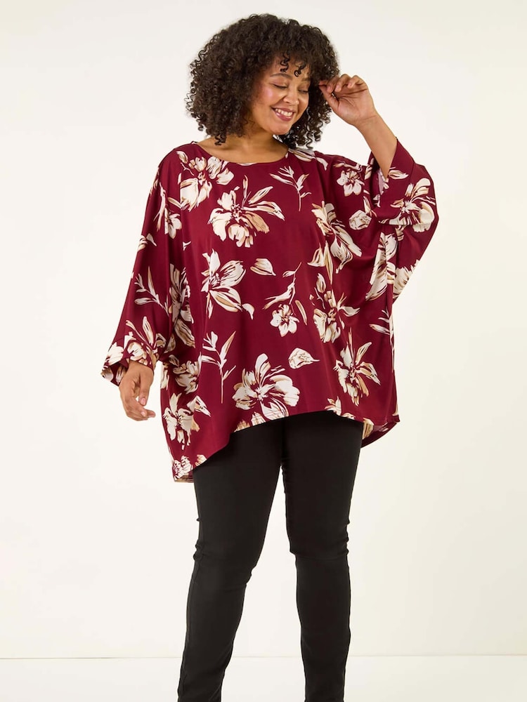 Roman Red Curve Floral Print Stretch Tunic Top - Image 1 of 5