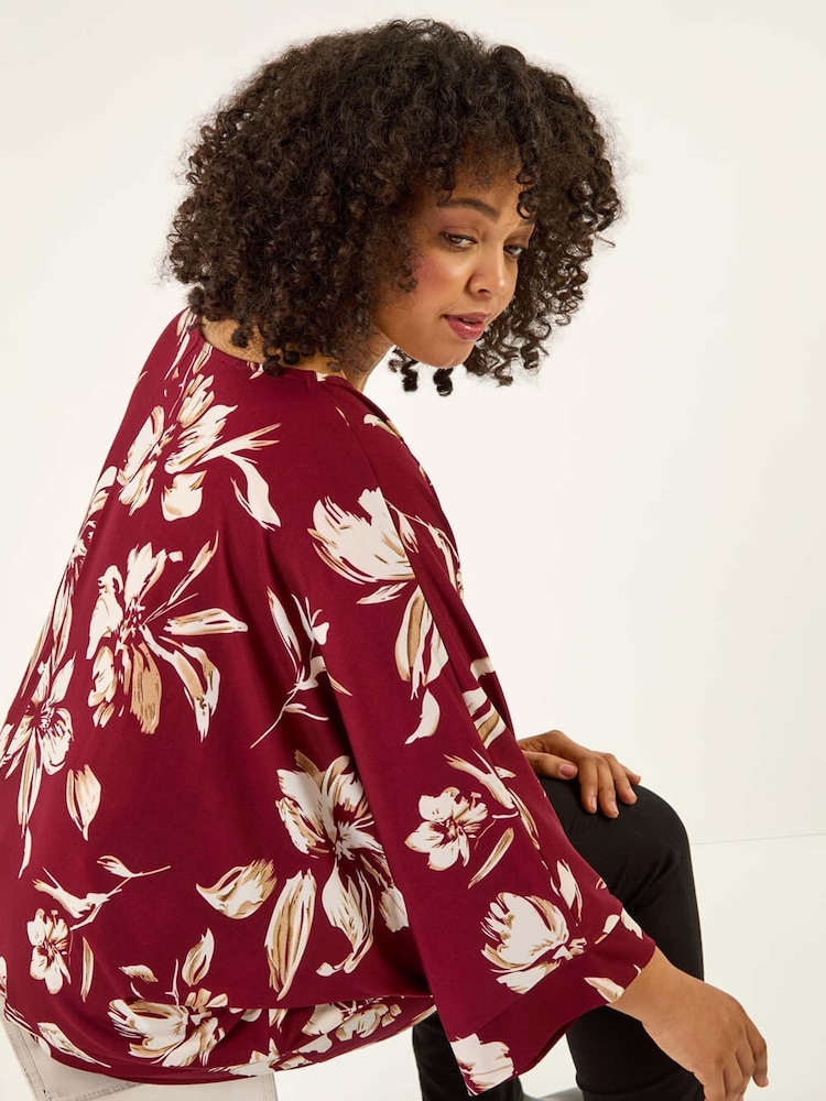 Roman Red Curve Floral Print Stretch Tunic Top - Image 2 of 5