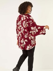 Roman Red Curve Floral Print Stretch Tunic Top - Image 3 of 5