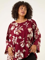 Roman Red Curve Floral Print Stretch Tunic Top - Image 4 of 5