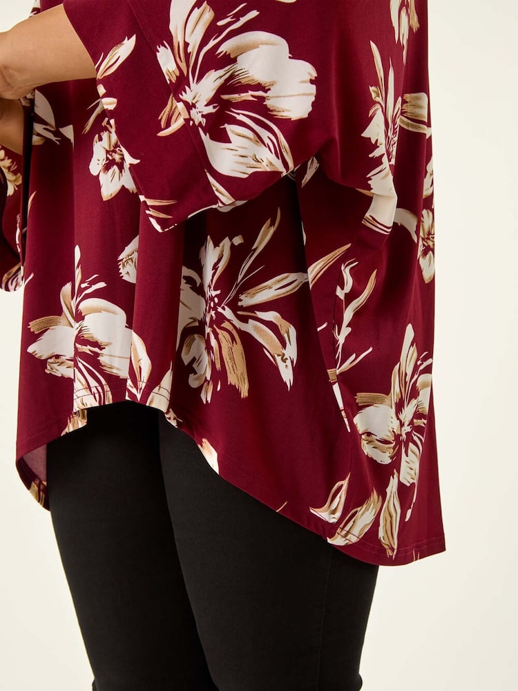 Roman Red Curve Floral Print Stretch Tunic Top - Image 5 of 5