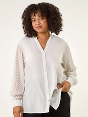 Roman White Curve V-Neck Button Blouse - Image 1 of 5