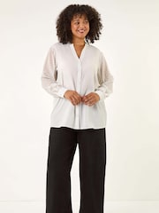Roman White Curve V-Neck Button Blouse - Image 2 of 5