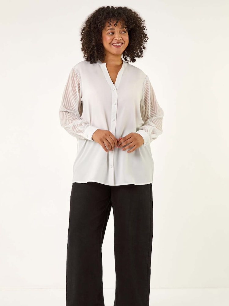 Roman White Curve V-Neck Button Blouse - Image 2 of 5