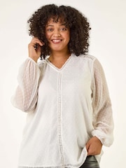 Roman White Curve Textured V-Neck Blouse - Image 1 of 5