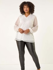 Roman White Curve Textured V-Neck Blouse - Image 2 of 5