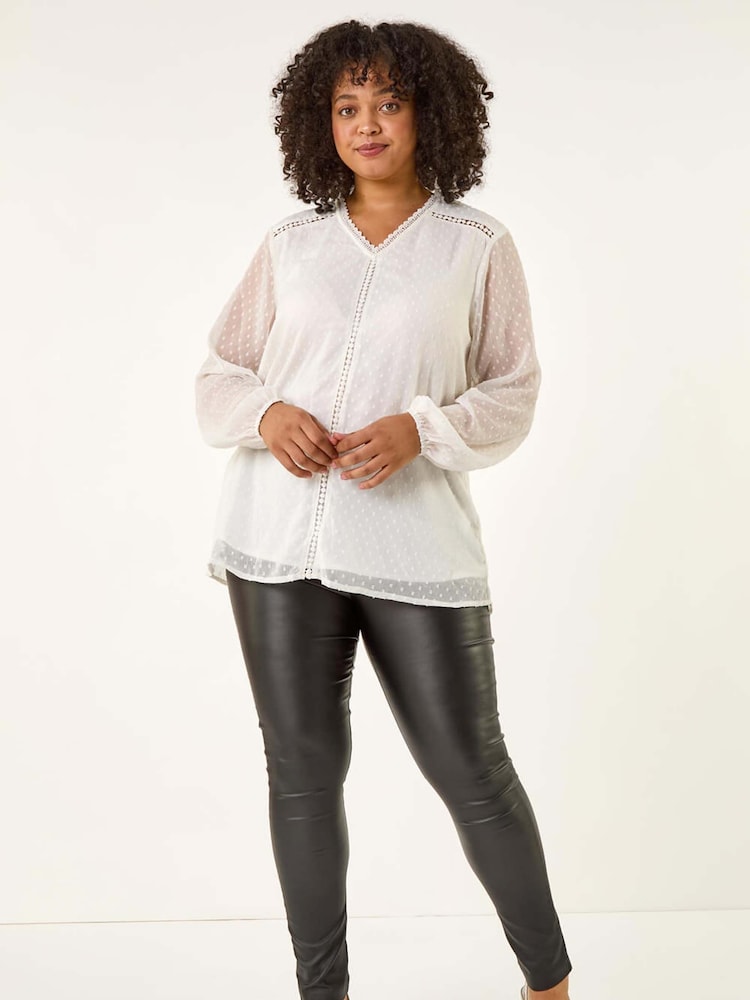 Roman White Curve Textured V-Neck Blouse - Image 2 of 5
