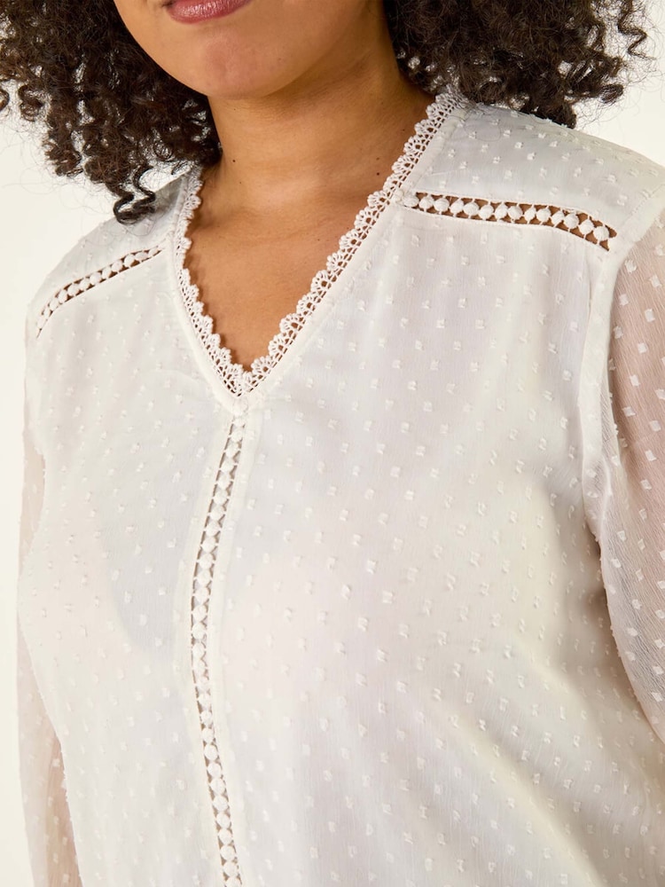 Roman White Curve Textured V-Neck Blouse - Image 5 of 5