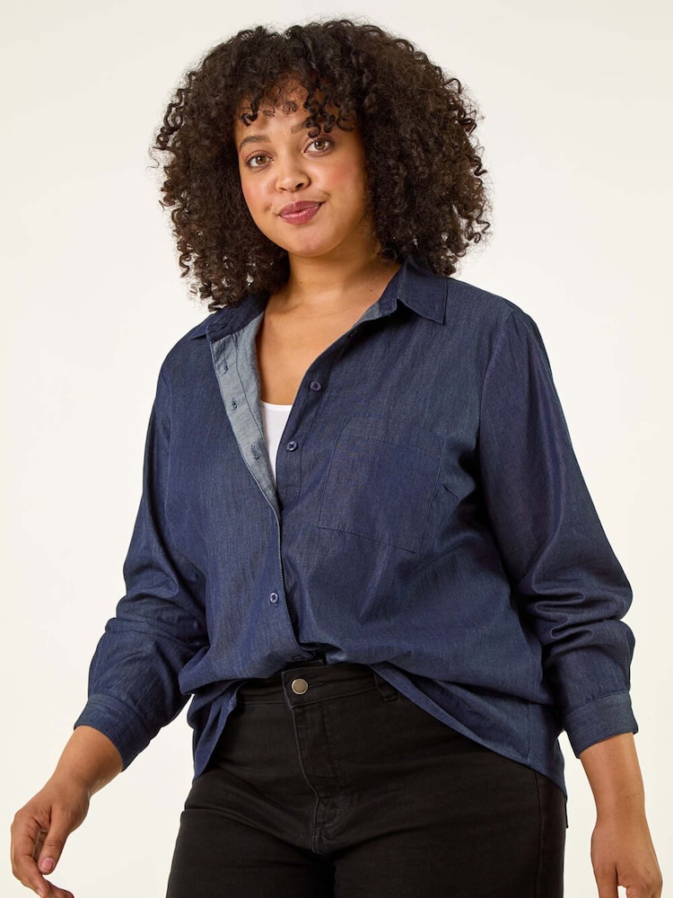 Roman Blue Curve Cotton Button Blouse - Image 1 of 5