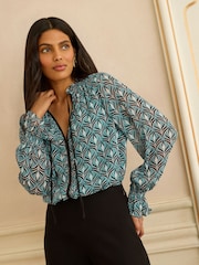 Love & Roses Geo Print Notch Neck Blouse - Imaginea 1 din 4