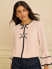 Love & Roses Blush Pink Bow Crew Neck Pleated Flute Sleeve Blouse - Image 1 of 4
