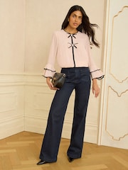 Love & Roses Blush Pink Bow Crew Neck Pleated Flute Sleeve Blouse - Image 3 of 4