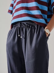 أزرق داكن - بنطلون سهل الارتداء ضيق من الأسفل من الكتان - صورة 5 من 8