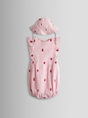 JoJo Maman Bébé Pink Strawberry Embroidered Frill Romper & Hat Set - Image 1 of 7