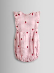 JoJo Maman Bébé Pink Strawberry Embroidered Frill Romper & Hat Set - Image 2 of 7