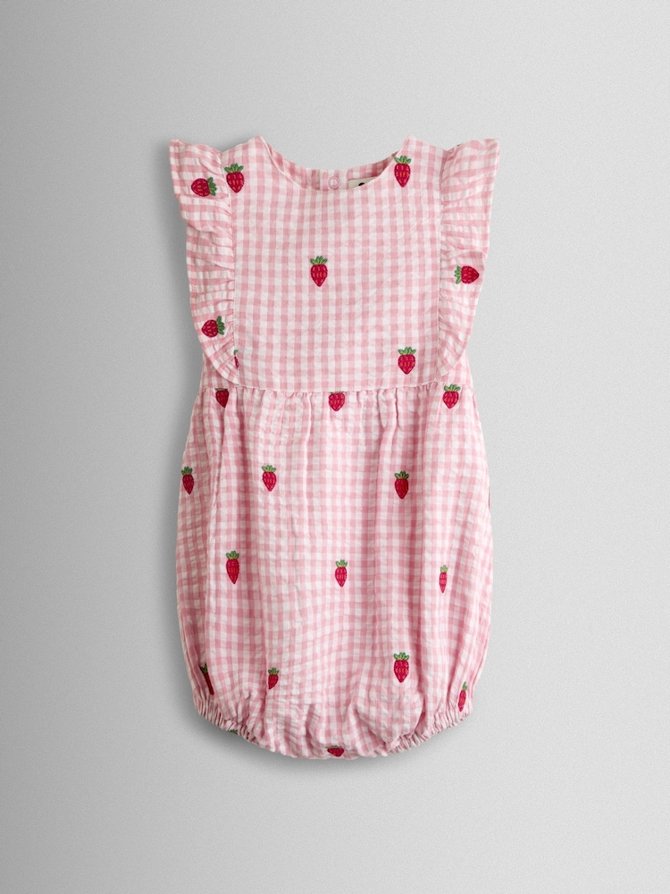 JoJo Maman Bébé Pink Strawberry Embroidered Frill Romper & Hat Set - Image 2 of 7