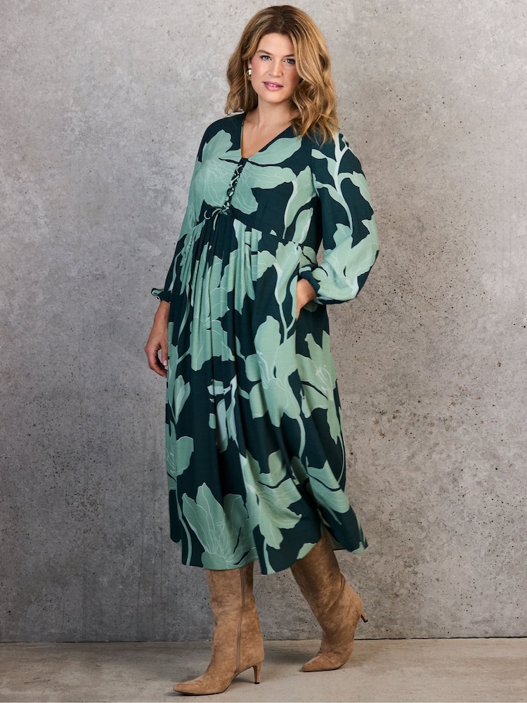 Live Unlimited Green Floral Print Tie Front Midaxi Dress - Image 1 of 6