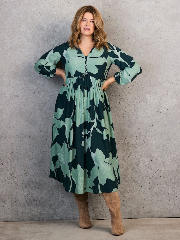 Live Unlimited Green Floral Print Tie Front Midaxi Dress - Image 2 of 6