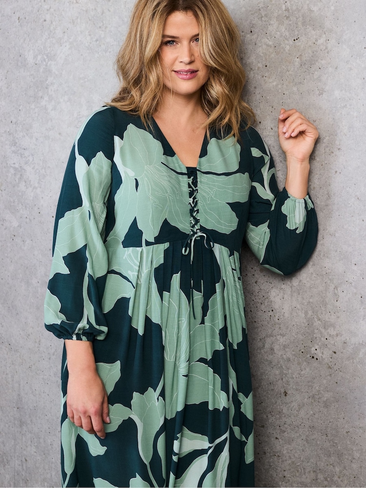 Live Unlimited Green Floral Print Tie Front Midaxi Dress - Image 6 of 6