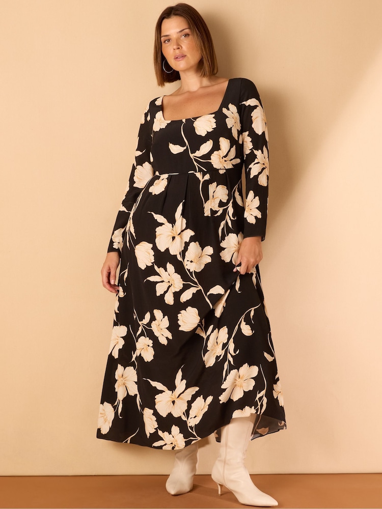 Live Unlimited Black Curve Floral Square Neck Pleat Skirt Midaxi Dress - Image 1 of 1 Live Unlimited Black Curve Floral Square Neck Pleat Skirt Midaxi Dress - Image 1 of 1