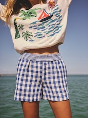 Cobalt Blue Check Pull On Boxer Shorts with Linen - Image 6 of 9