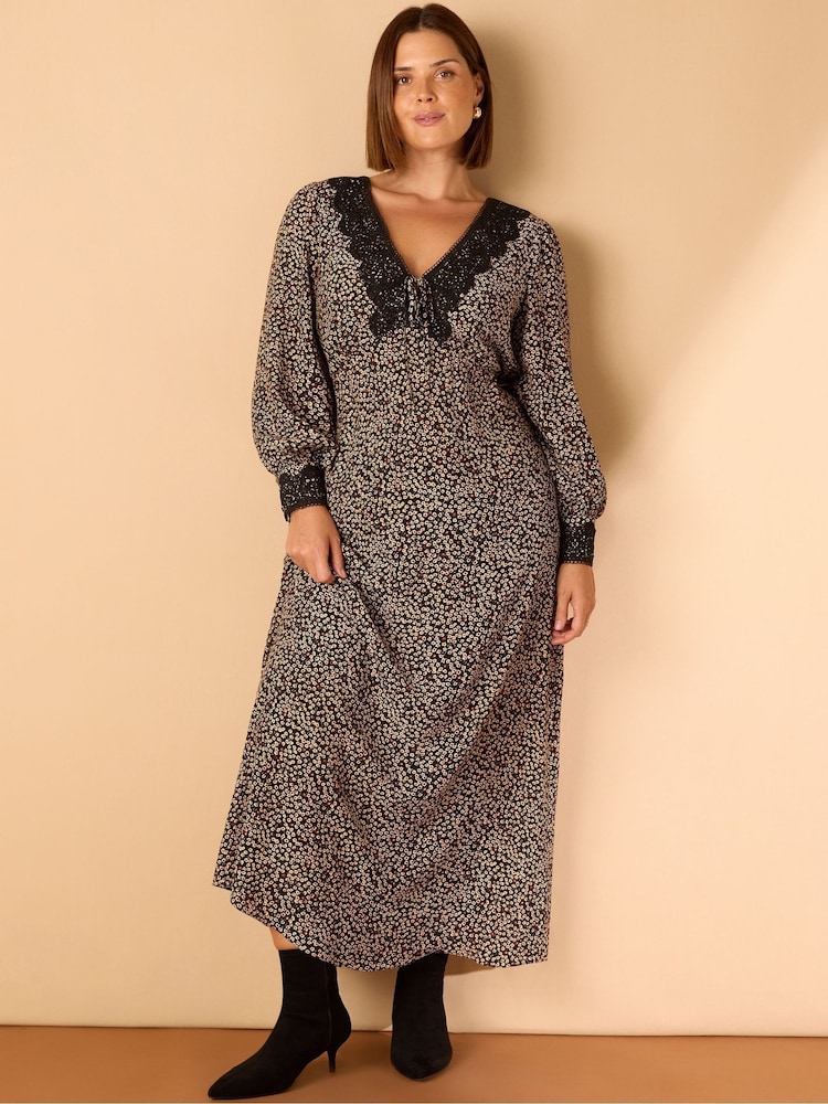 Live Unlimited Curve Ditsy Floral Contrast Midaxi Dress - Slika 1 iz 6 Live Unlimited Curve Ditsy Floral Contrast Midaxi Dress - Slika 1 iz 6