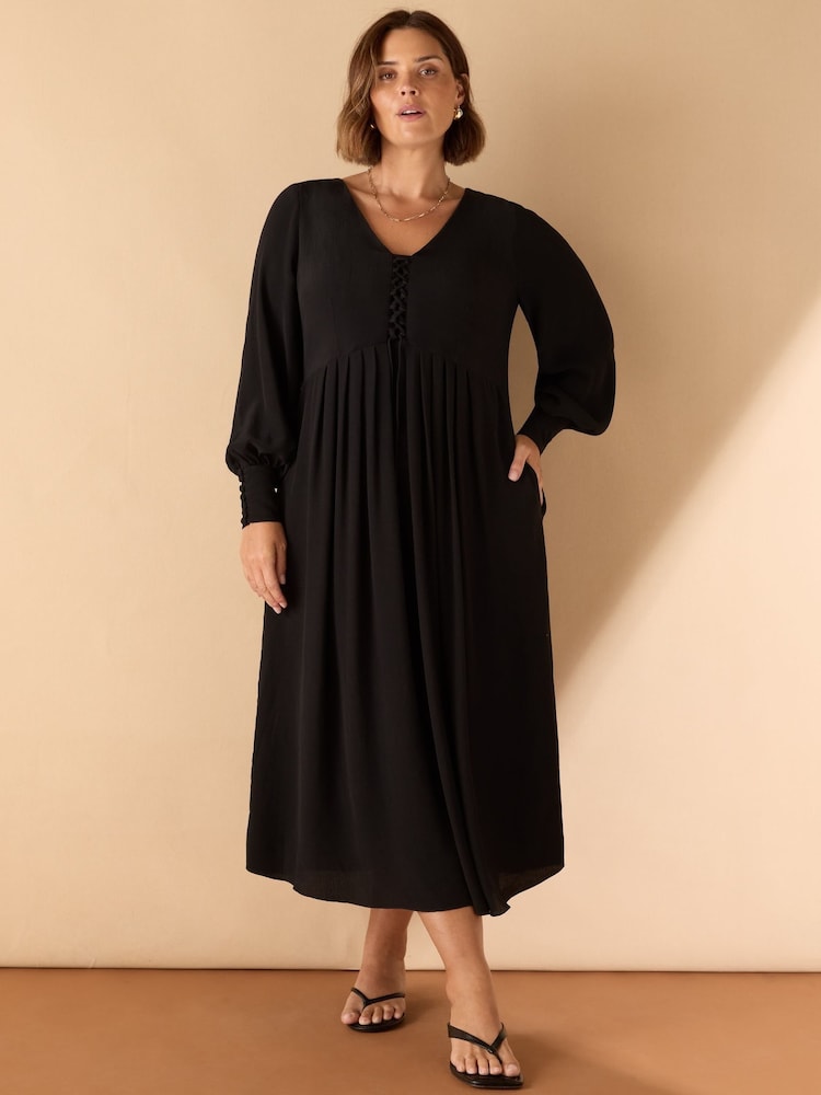 Live Unlimited Black Curve Lace Up Blouson Sleeve Midi Dress - Image 1 of 5