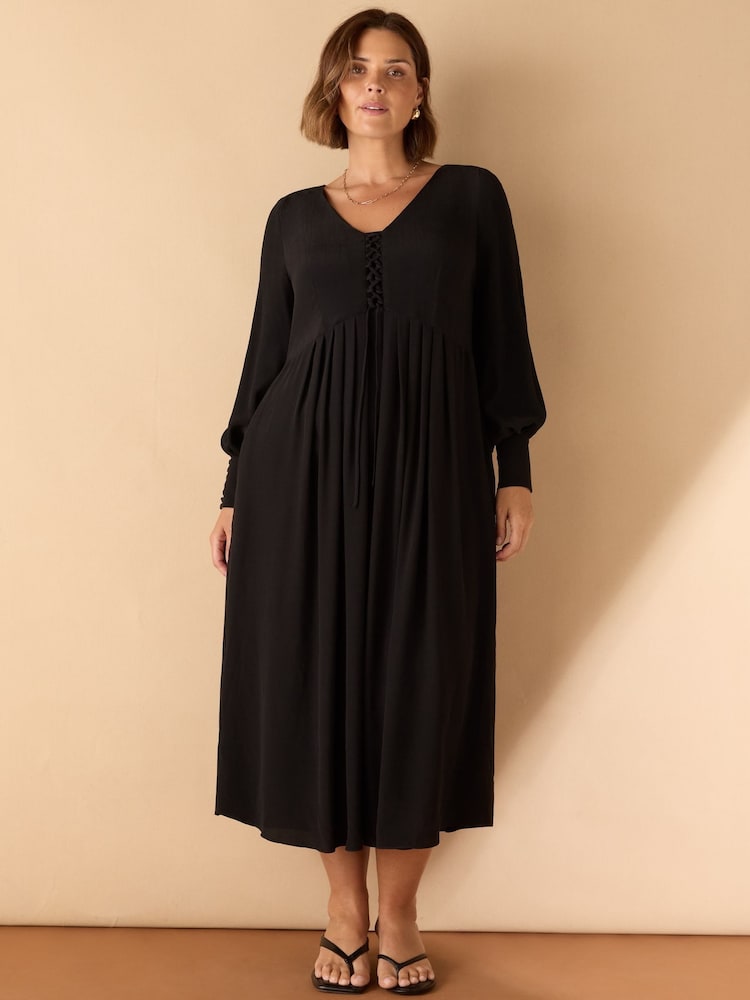 Live Unlimited Black Curve Lace Up Blouson Sleeve Midi Dress - Image 2 of 5