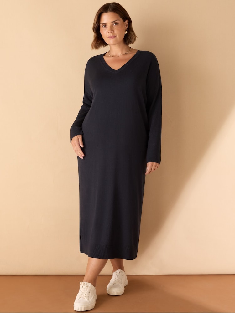 Live Unlimited Blue Curve V-Neck Knit Jumper Dress - Image 1 of 6 Live Unlimited Blue Curve V-Neck Knit Jumper Dress - Image 1 of 6