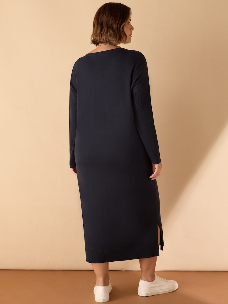 Live Unlimited Blue Curve V-Neck Knit Jumper Dress - Image 2 of 6 Live Unlimited Blue Curve V-Neck Knit Jumper Dress - Image 2 of 6