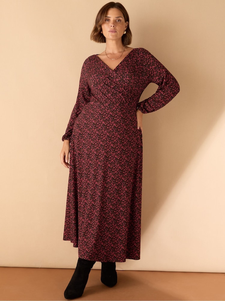 Live Unlimited Red Ditsy Puff Sleeve Pleated Wrap Dress - Image 1 of 1 Live Unlimited Red Ditsy Puff Sleeve Pleated Wrap Dress - Image 1 of 1