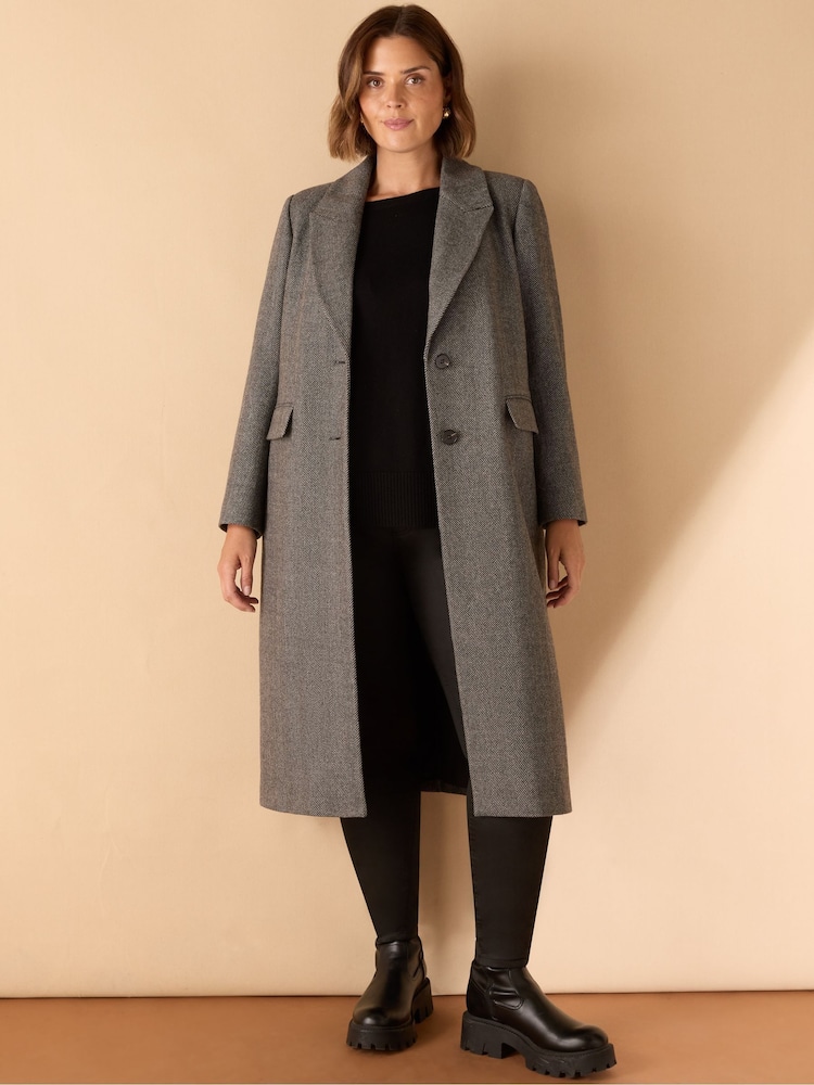 Live Unlimited Grey Herringbone Wool Blend Tailored Coat - Image 1 of 3 Live Unlimited Grey Herringbone Wool Blend Tailored Coat - Image 1 of 3