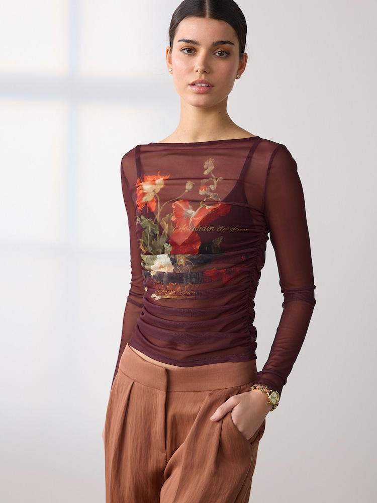 Ashmolean Museum Chocolate Floral Print - Ruched Mesh Long Sleeve Top - Imagen 1 de 8