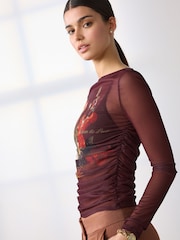 Ashmolean Museum Chocolate Floral Print - Ruched Mesh Long Sleeve Top - Imagen 2 de 8