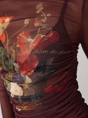 Ashmolean Museum Chocolate Floral Print - Ruched Mesh Long Sleeve Top - Imagen 5 de 8