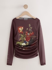 Ashmolean Museum Chocolate Floral Print - Ruched Mesh Long Sleeve Top - Imagen 6 de 8