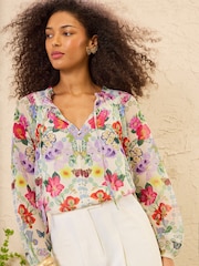 Love & Roses Butterfly Print Notch Neck Tie Long Sleeve Blouse - Image 1 of 4