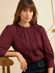 Love & Roses Burgundy Red Petite 3/4 Sleeve Scallop Detail Blouse - Image 1 of 4