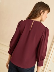 Love & Roses Burgundy Red Petite 3/4 Sleeve Scallop Detail Blouse - Image 4 of 4