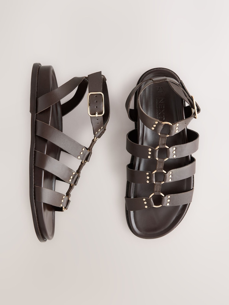 Chocolate Brown Leather Standard Fit Forever Comfort® Gladiator Hardware Footbed Sandals - Image 1 of 5