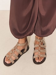 Neutral Suede Standard Fit Forever Comfort® Gladiator Hardware Footbed Sandals - Image 1 of 4